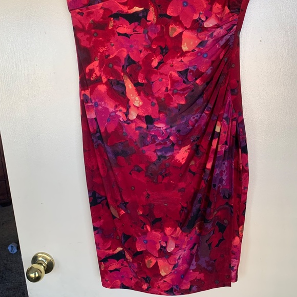 Lauren Ralph Lauren Opera Red Floral Ruched Dress Sz.10 V- neck Cross Over Knit - Picture 6 of 15